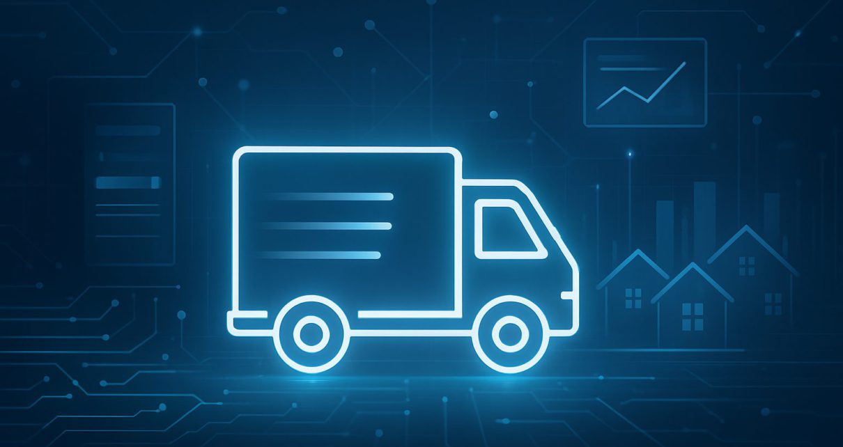 A glowing outline of a delivery truck against a tech-inspired background