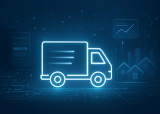 A glowing outline of a delivery truck against a tech-inspired background