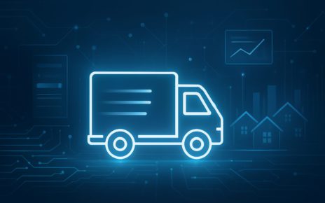 A glowing outline of a delivery truck against a tech-inspired background