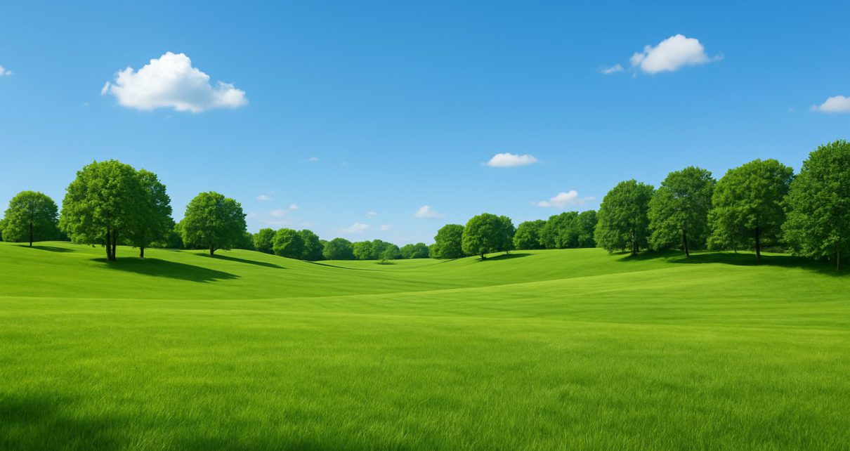 A wide, open landscape with rolling green hills and trees under a clear blue sky
