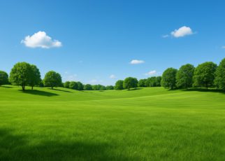 A wide, open landscape with rolling green hills and trees under a clear blue sky