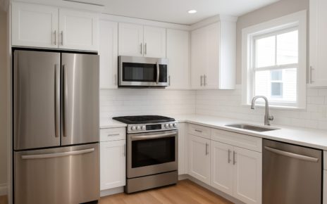 Modern kitchen with stainless steel appliances and white cabinetry.