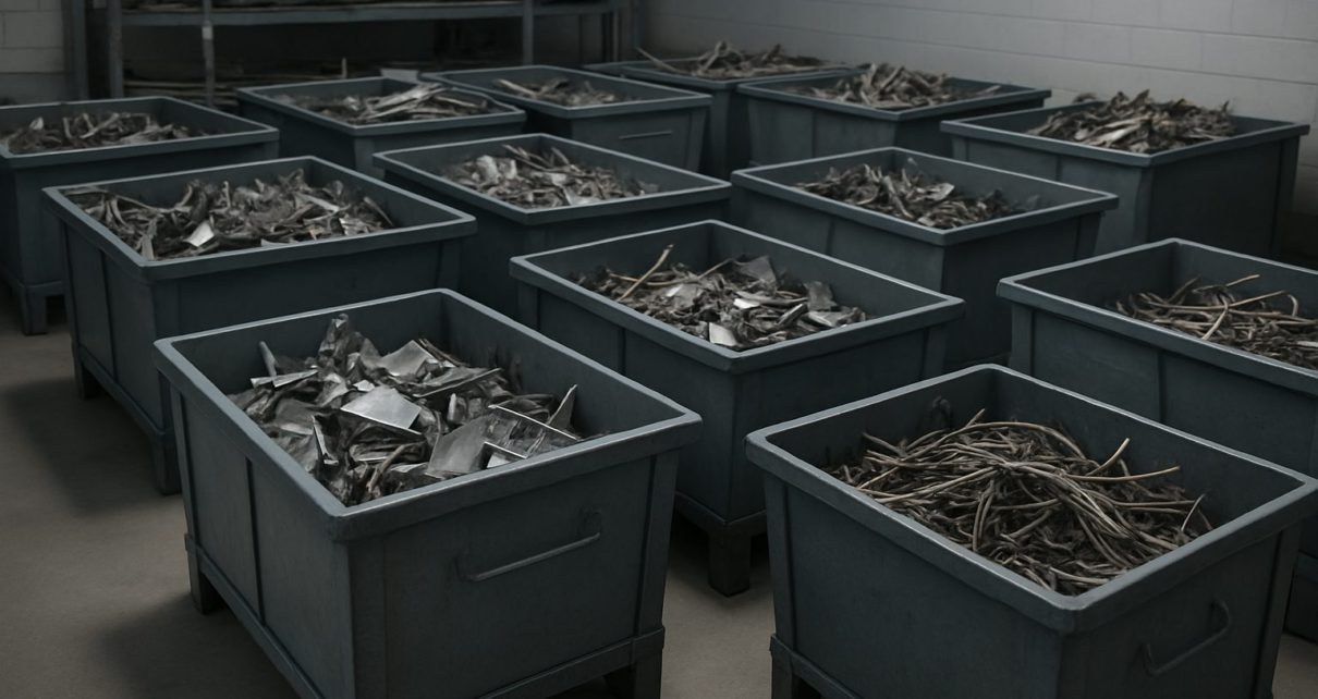 Bins filled with assorted scrap metal in a recycling facility.