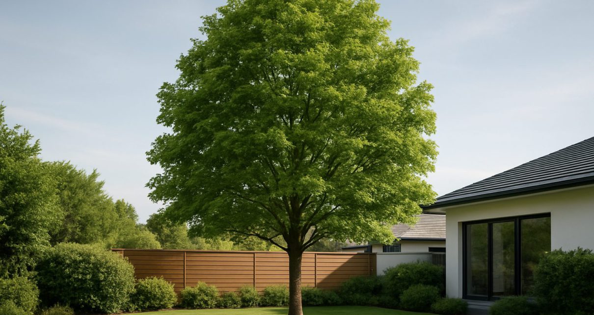 A lush green tree in a well-maintained yard with a modern house in the background.