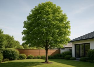 A lush green tree in a well-maintained yard with a modern house in the background.