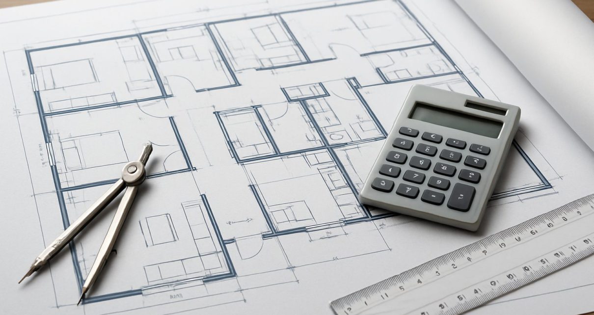 architectural blueprint with a calculator and drafting tools