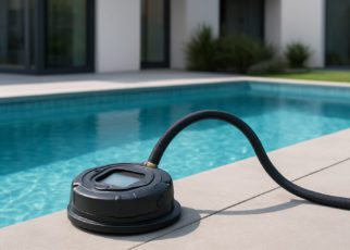 Pool maintenance equipment sitting beside a clear swimming pool