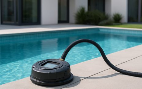 Pool maintenance equipment sitting beside a clear swimming pool