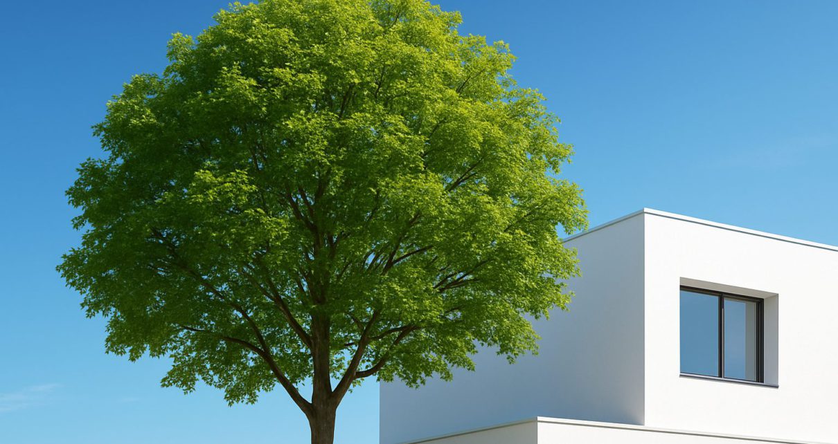 Large green tree in front of a modern white house under a clear blue sky