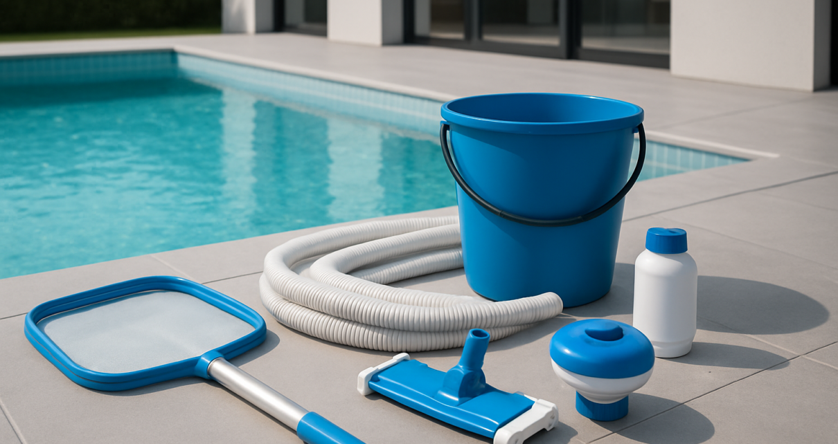 Pool cleaning equipment including a net, bucket, hose, and chemical container beside a swimming pool