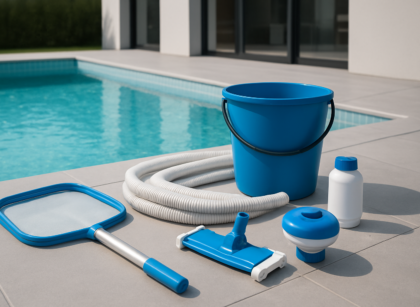 Pool cleaning equipment including a net, bucket, hose, and chemical container beside a swimming pool