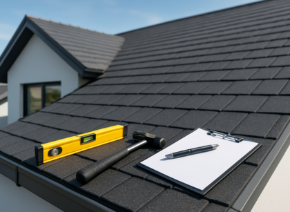 View of a rooftop with a level, hammer, clipboard, and pen on shingles