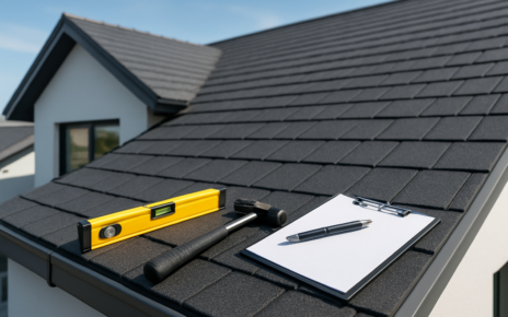 View of a rooftop with a level, hammer, clipboard, and pen on shingles