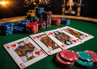 A close-up of playing cards and poker chips arranged on a green felt table