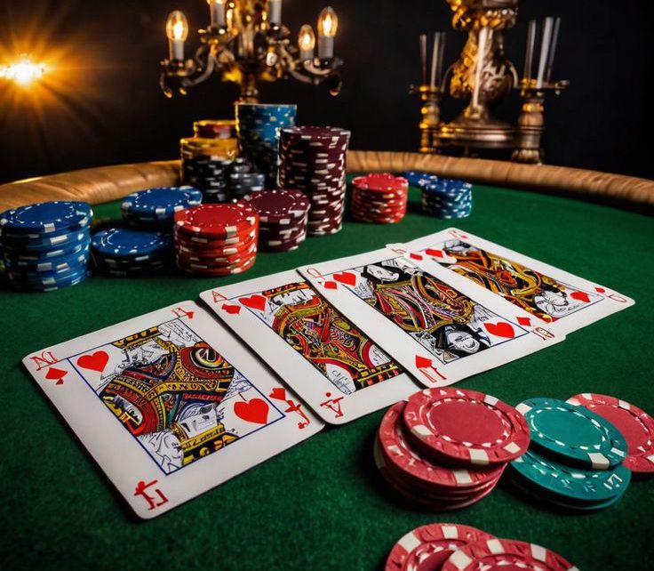 A close-up of playing cards and poker chips arranged on a green felt table